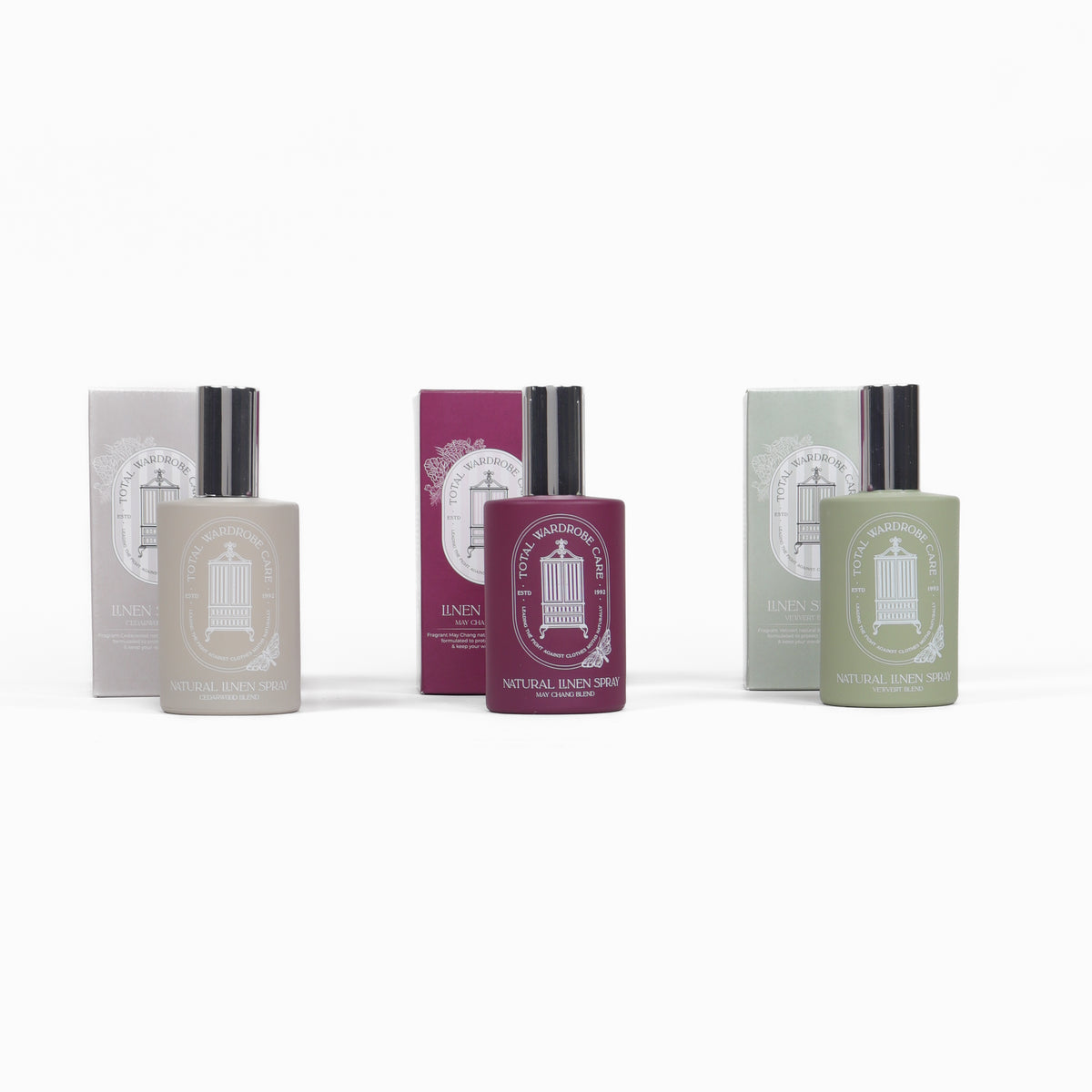 Three natural linen sprays in cream, pink and sage on white background
